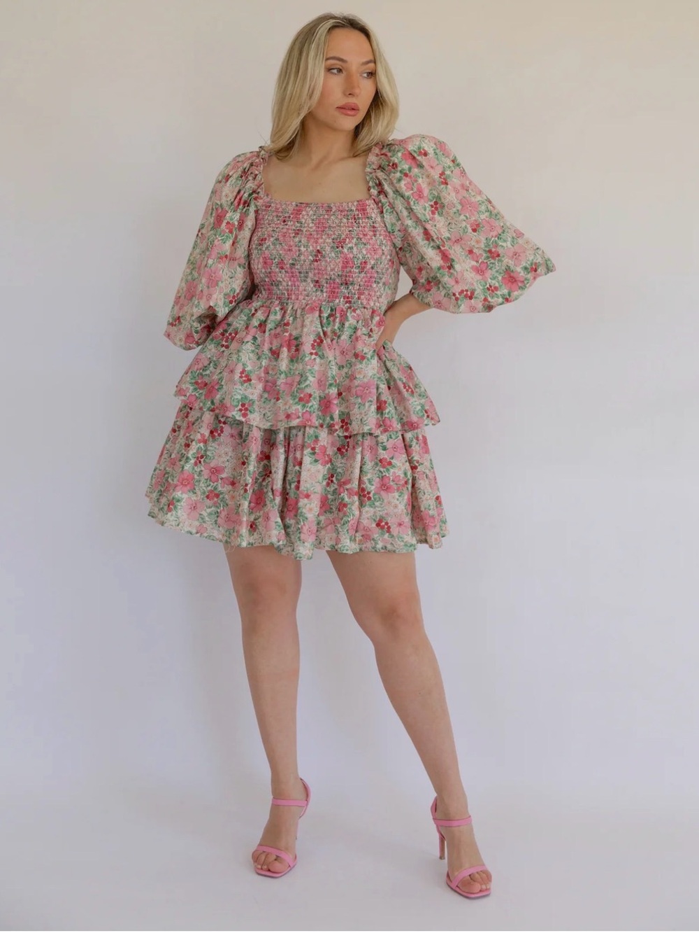 Floral Pink Puff-Sleeve Tiered Mini Dress